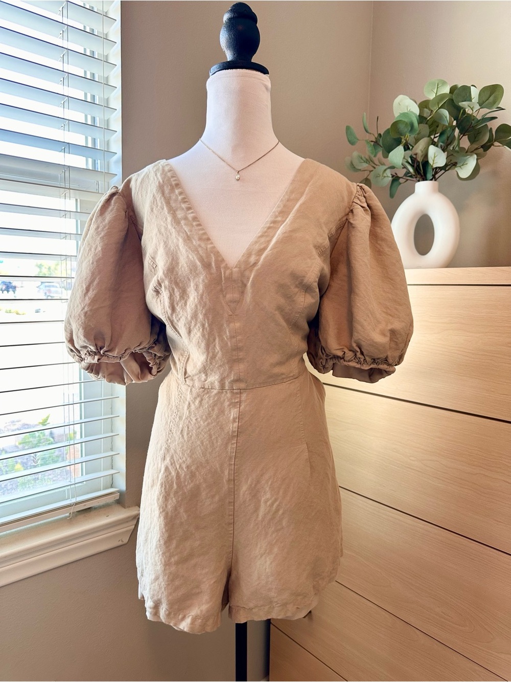Express V-Neck Puff Sleeve Linen Romper in Tan